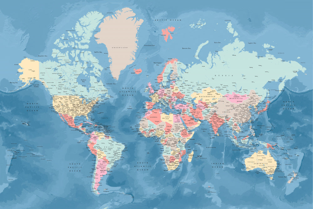 Detailed world map with cities, Vickie Art Print