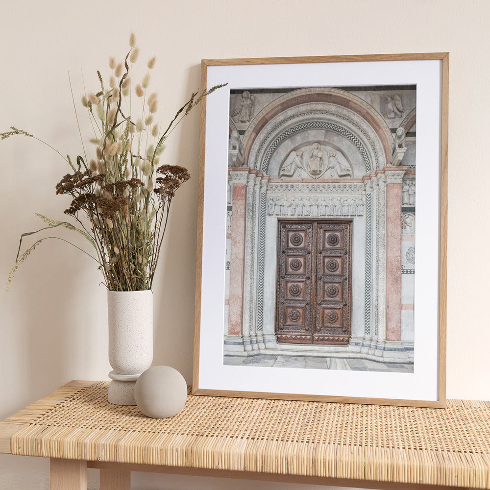 Brown wooden door with symbols Art Print
