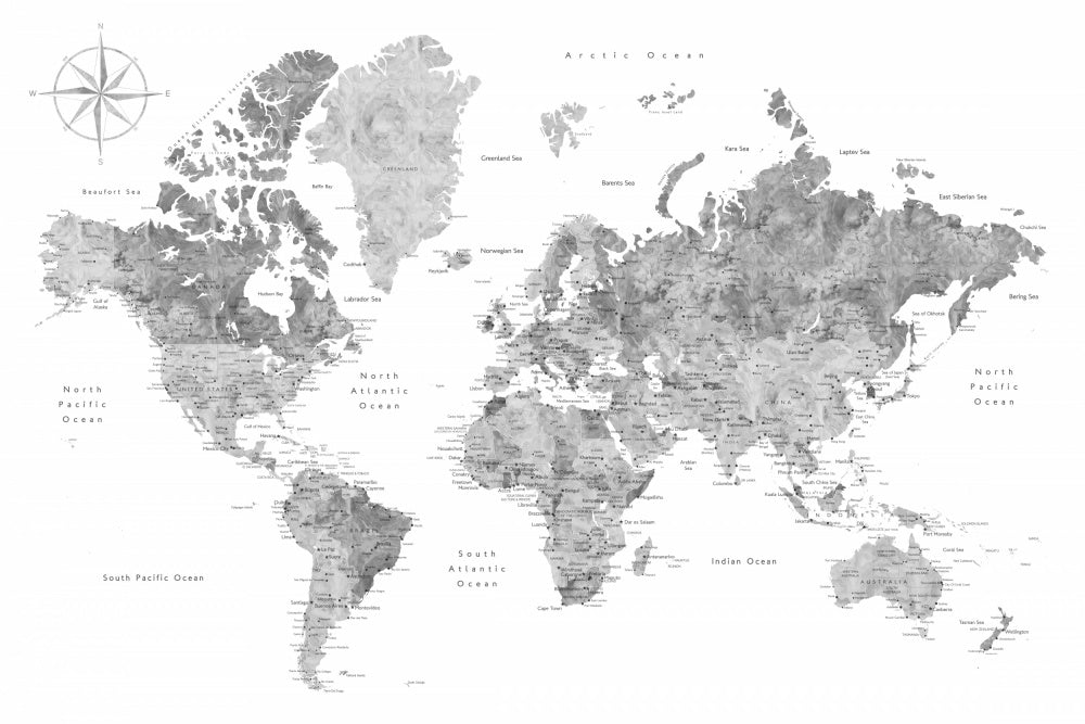 Grayscale watercolor world map with cities, Rylan Art Print