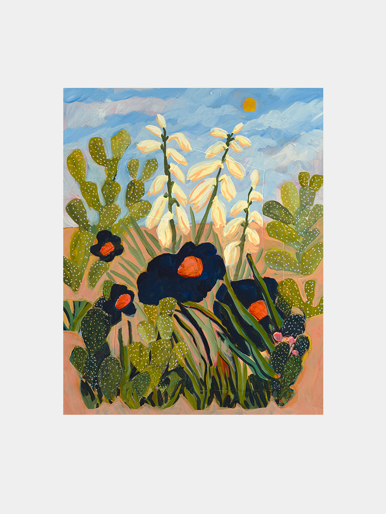 Navy Flowers White Yucca Art Print