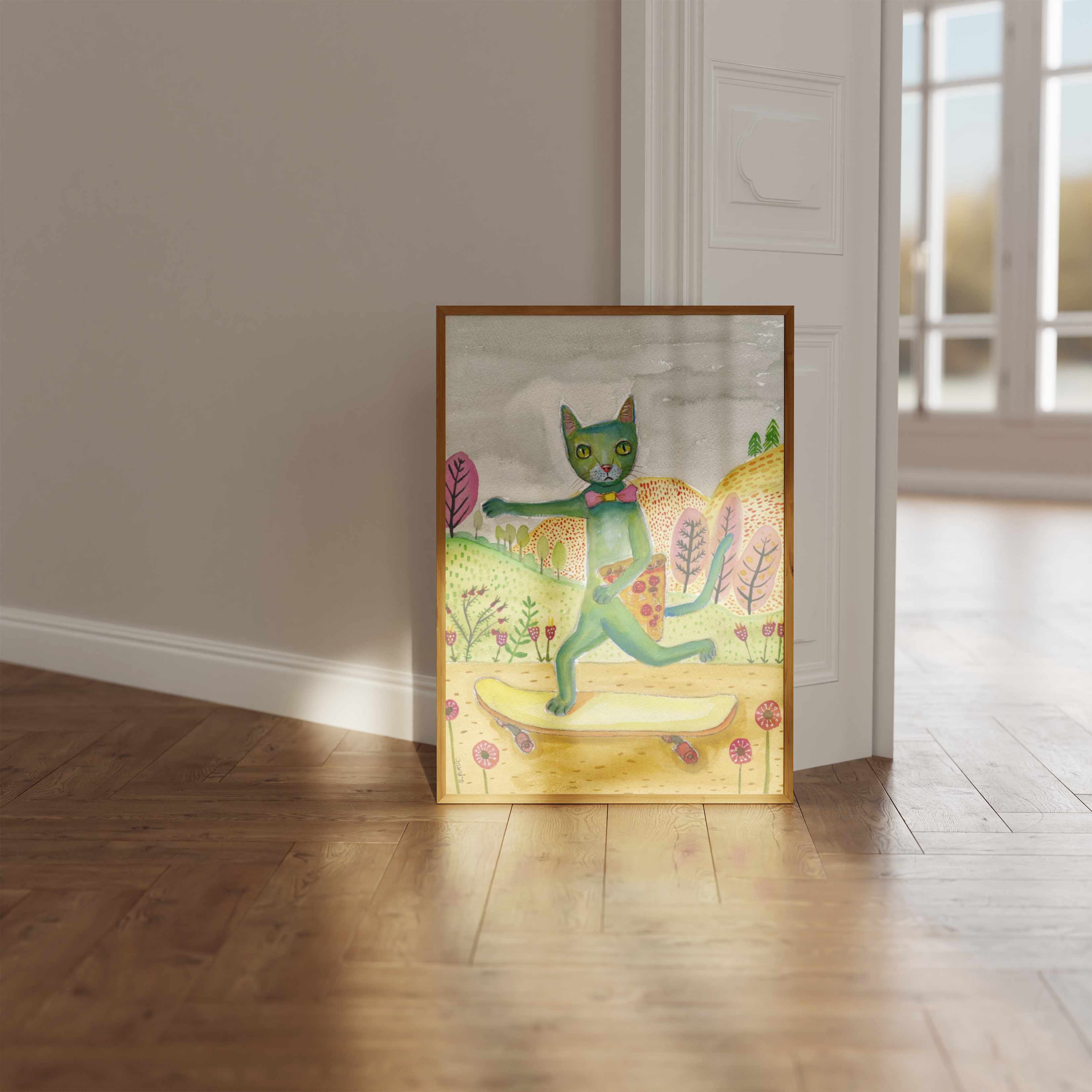 Green Cat Skateboard Pizza