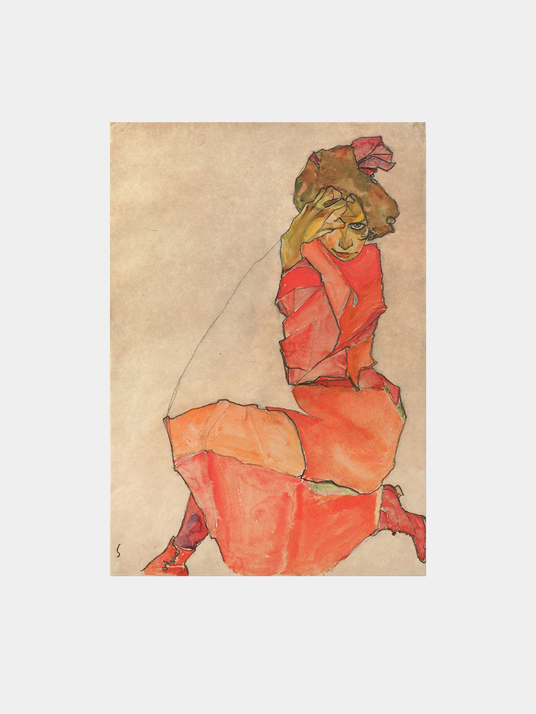 Egon Schiele "Kneeling Female in Orange-Red Dress (1910)" Art Print