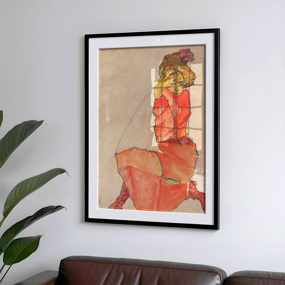 Egon Schiele "Kneeling Female in Orange-Red Dress (1910)" Art Print