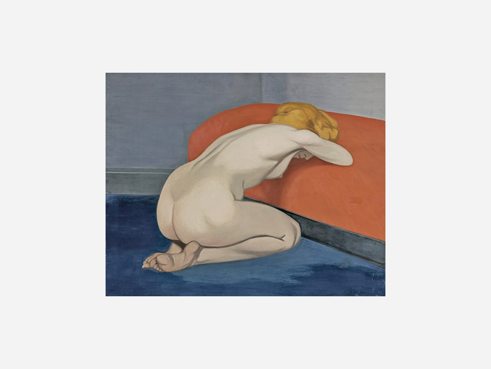 Félix Vallotton : "Naked Woman Kneeling In Front of a Red Couch (1915)" Art Print