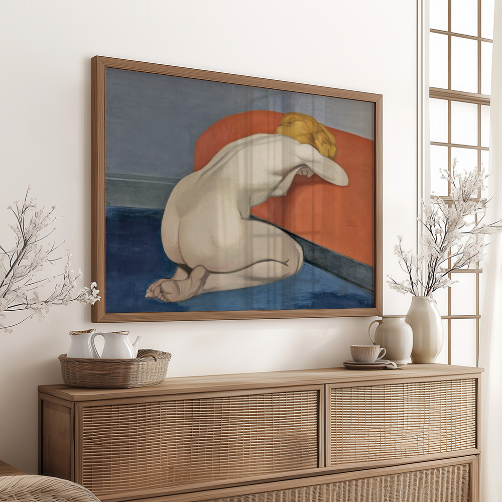 Félix Vallotton : "Naked Woman Kneeling In Front of a Red Couch (1915)" Art Print