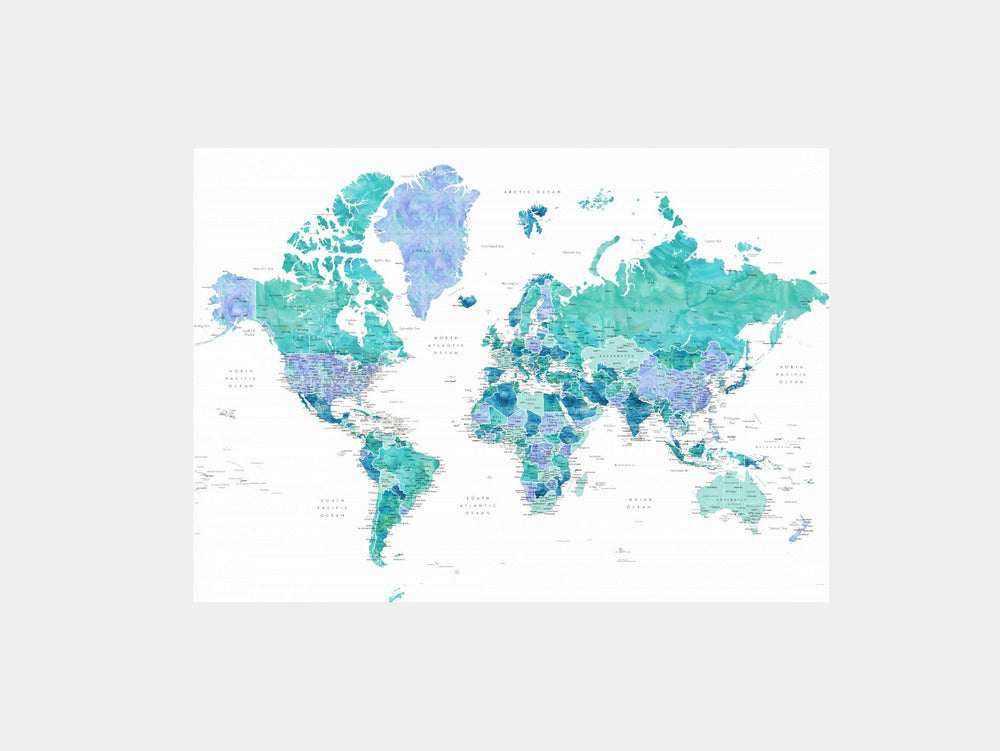 Detailed world map with cities, Caribbean waters Art Print