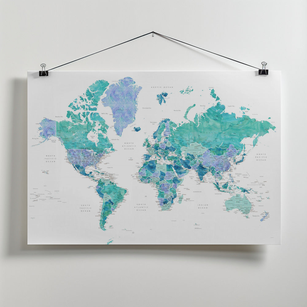 Detailed world map with cities, Caribbean waters Art Print