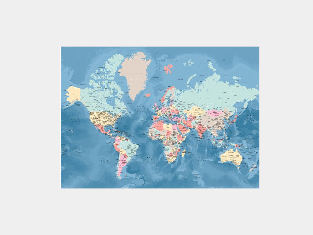 Detailed world map with cities, Vickie Art Print