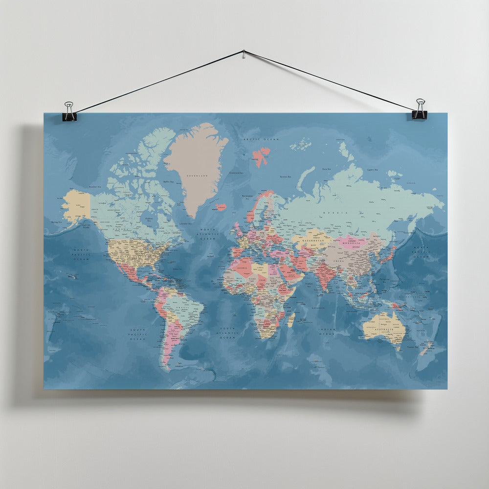 Detailed world map with cities, Vickie Art Print