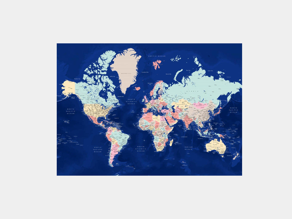 Detailed world map with cities, Powa Art Print