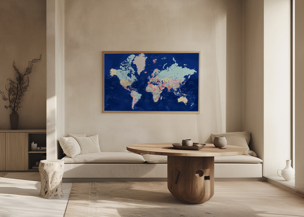 Detailed world map with cities, Powa Art Print