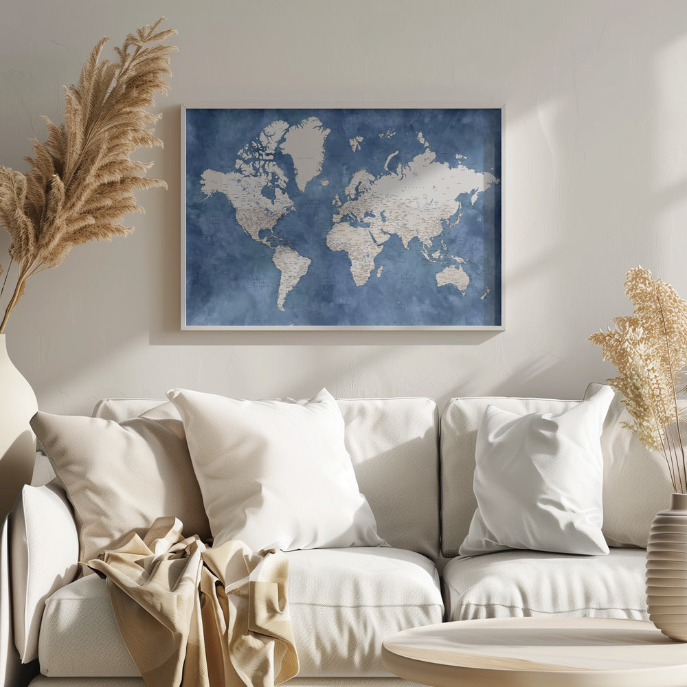 Detailed world map with cities, Sabeen Art Print