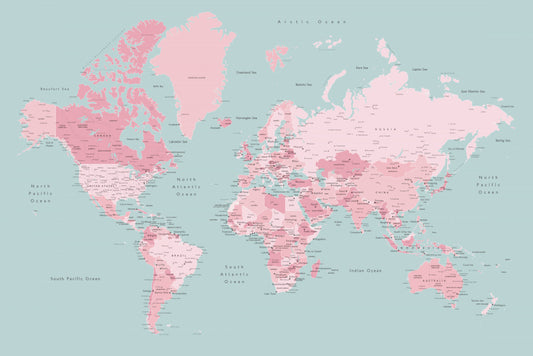 Pink and aqua world map with cities, Isobel