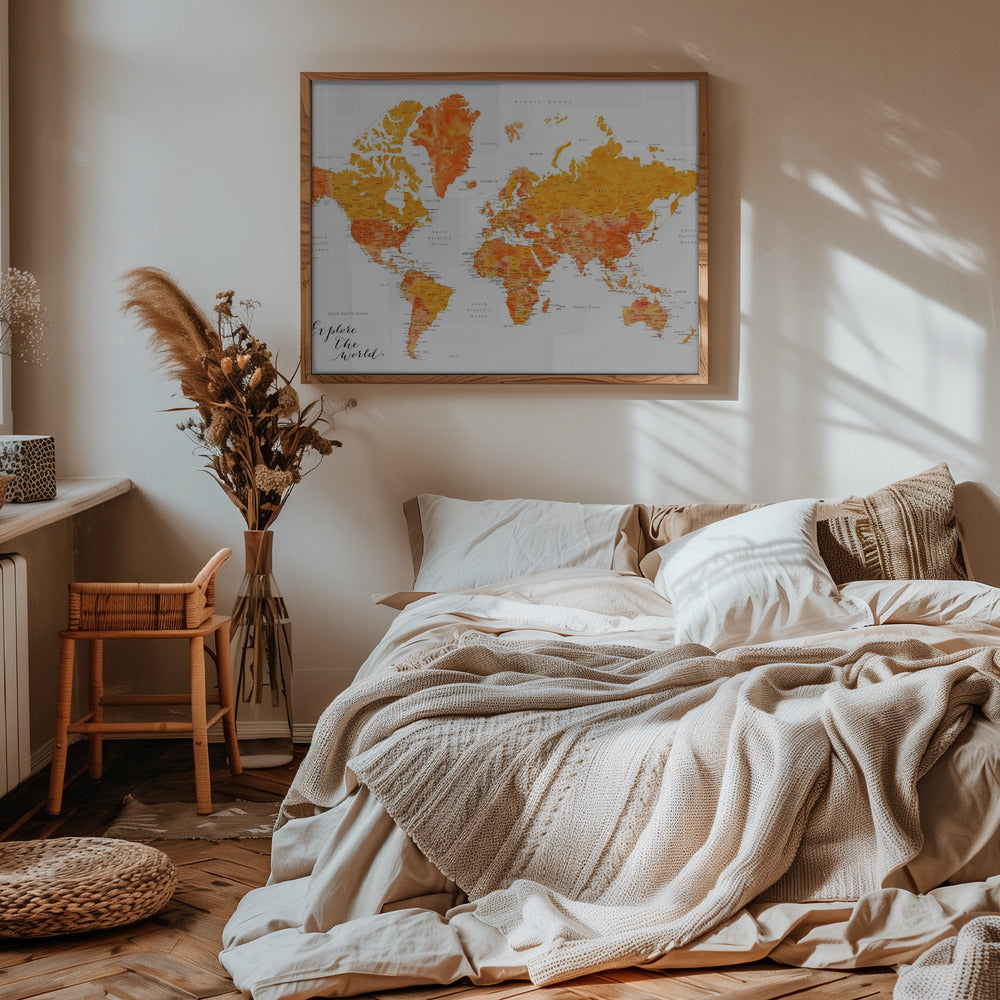 Explore world map with cities, Carlotta Art Print