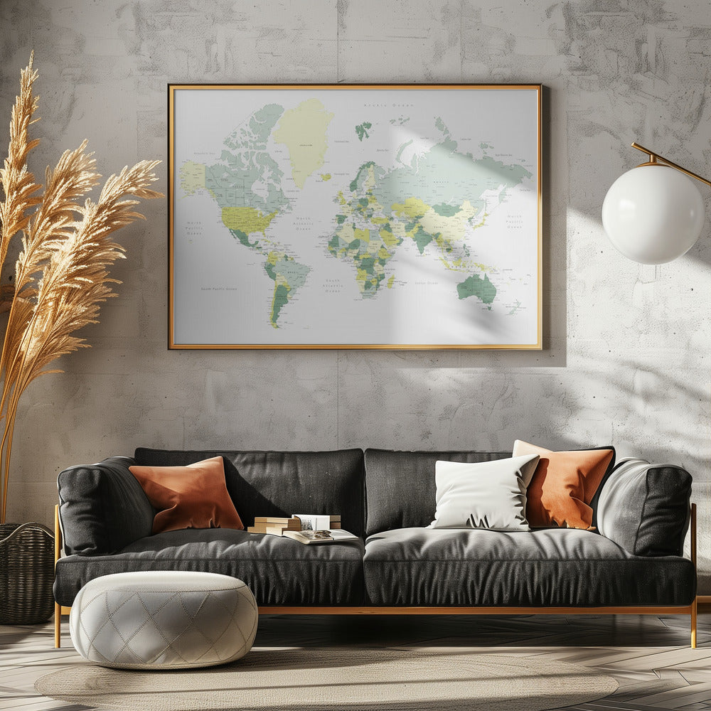 Green world map with cities, Kapueo Art Print