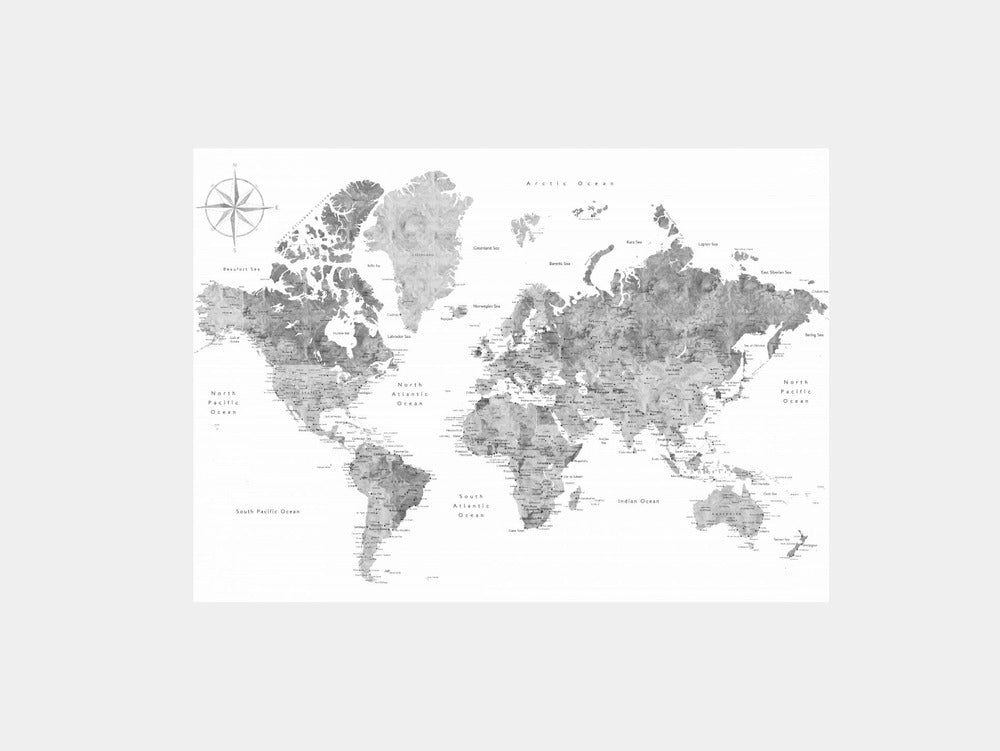 Grayscale watercolor world map with cities, Rylan Art Print