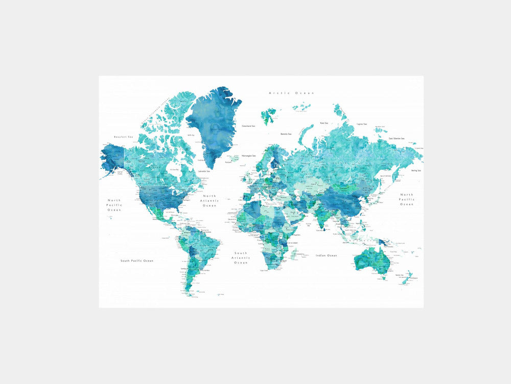 Watercolor world map with cities, Uzziel Art Print