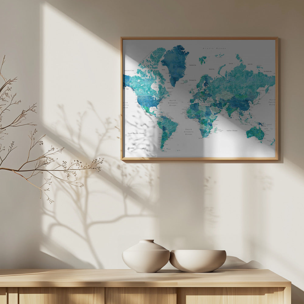 Watercolor world map with cities, Uzziel Art Print