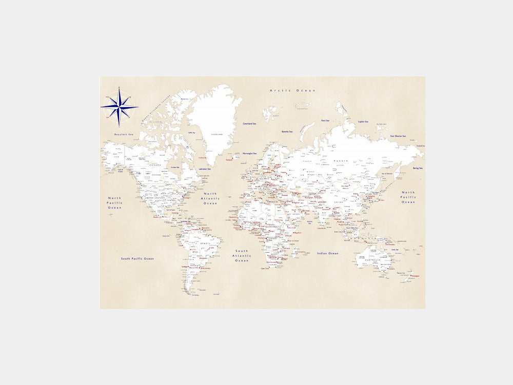 Rustic world map with cities, Deuce Art Print