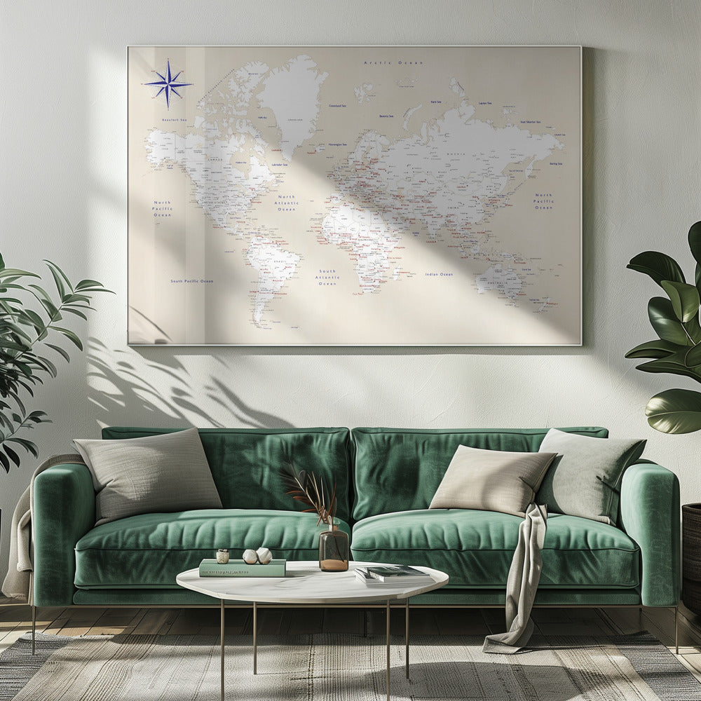 Rustic world map with cities, Deuce Art Print