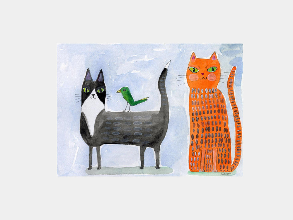 Whimsical Cats and Bird