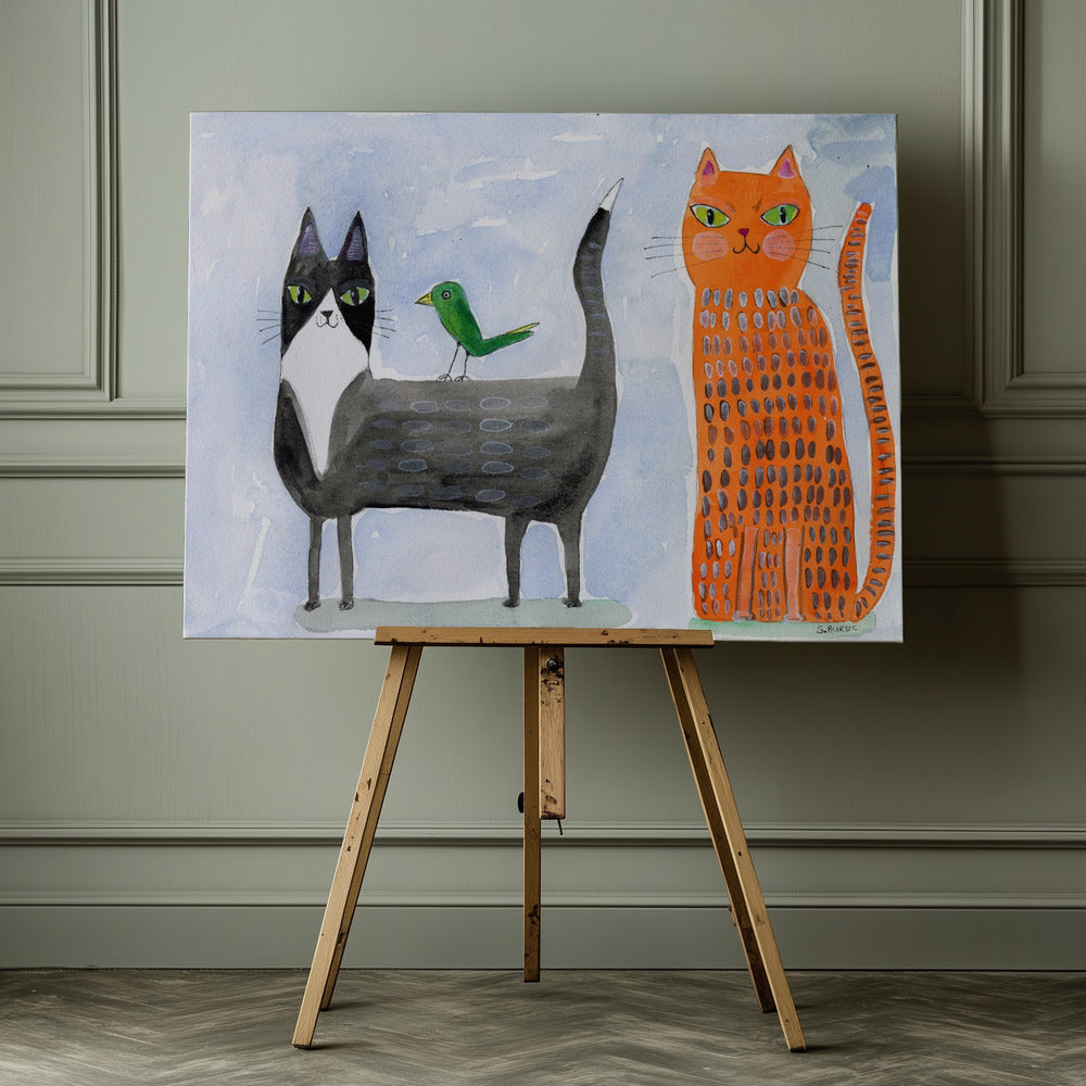 Whimsical Cats and Bird