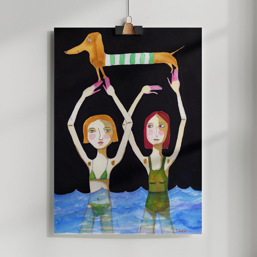 Whimsical Dog and Swimmers