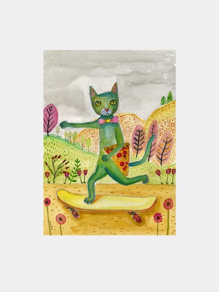 Green Cat Skateboard Pizza
