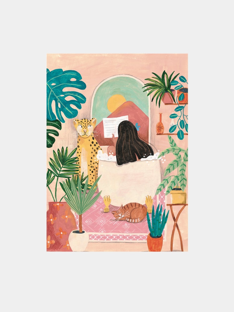 Woman taking bath in pink bathroom