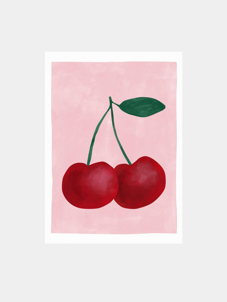 Red Cherries with a Green Leaf Art Print