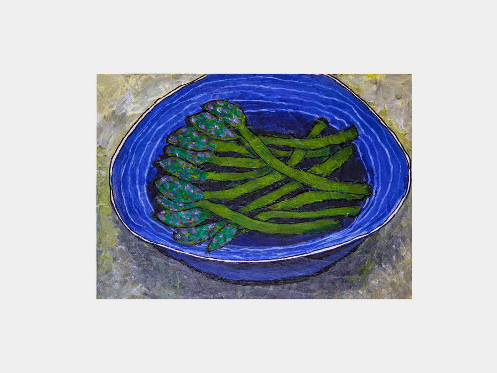 Green Asparagus In Blue Bowl