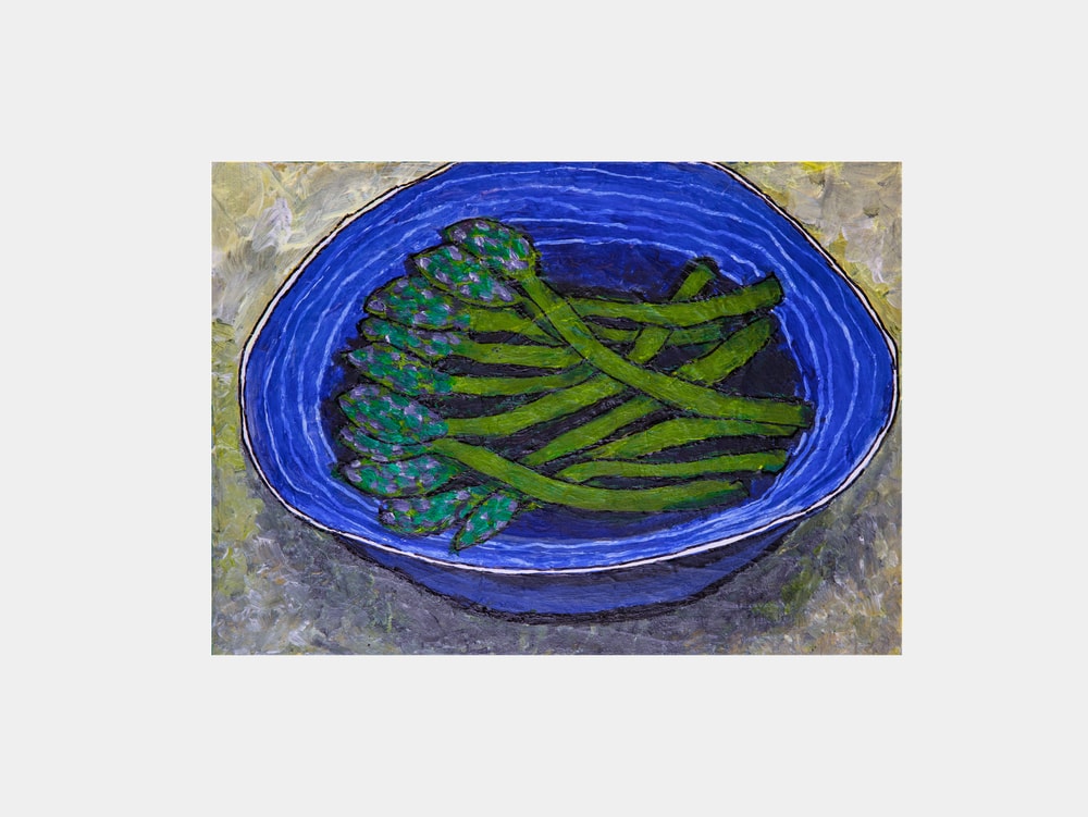 Green Asparagus In Blue Bowl