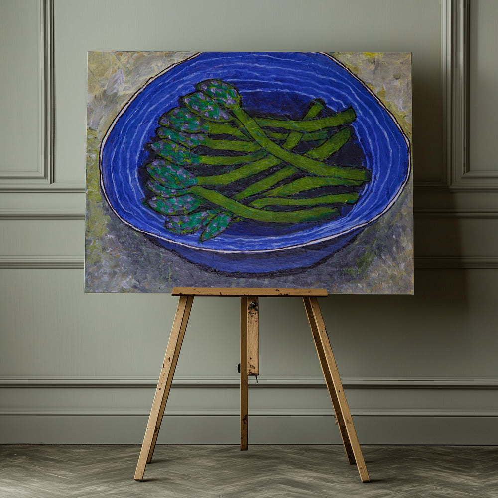 Green Asparagus In Blue Bowl
