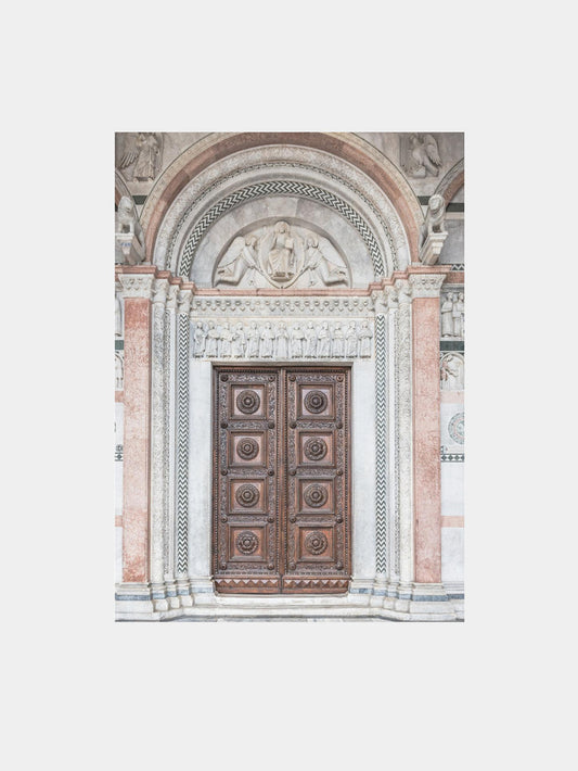Brown wooden door with symbols Art Print