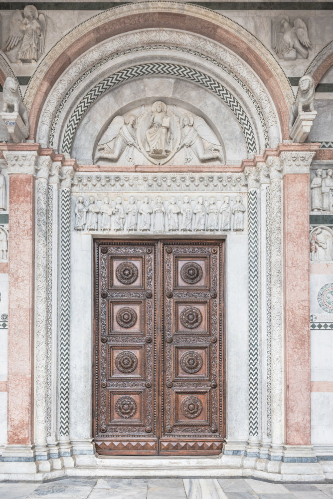 Brown wooden door with symbols