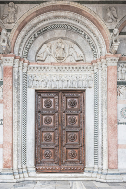 Brown wooden door with symbols Art Print