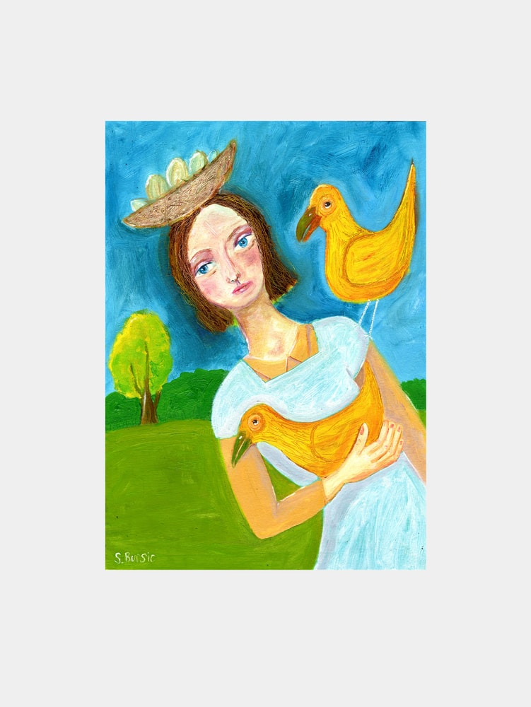 Girl with Egg Hat and Birds