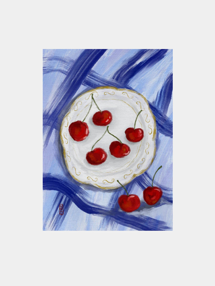 Red Cherries Blue Table