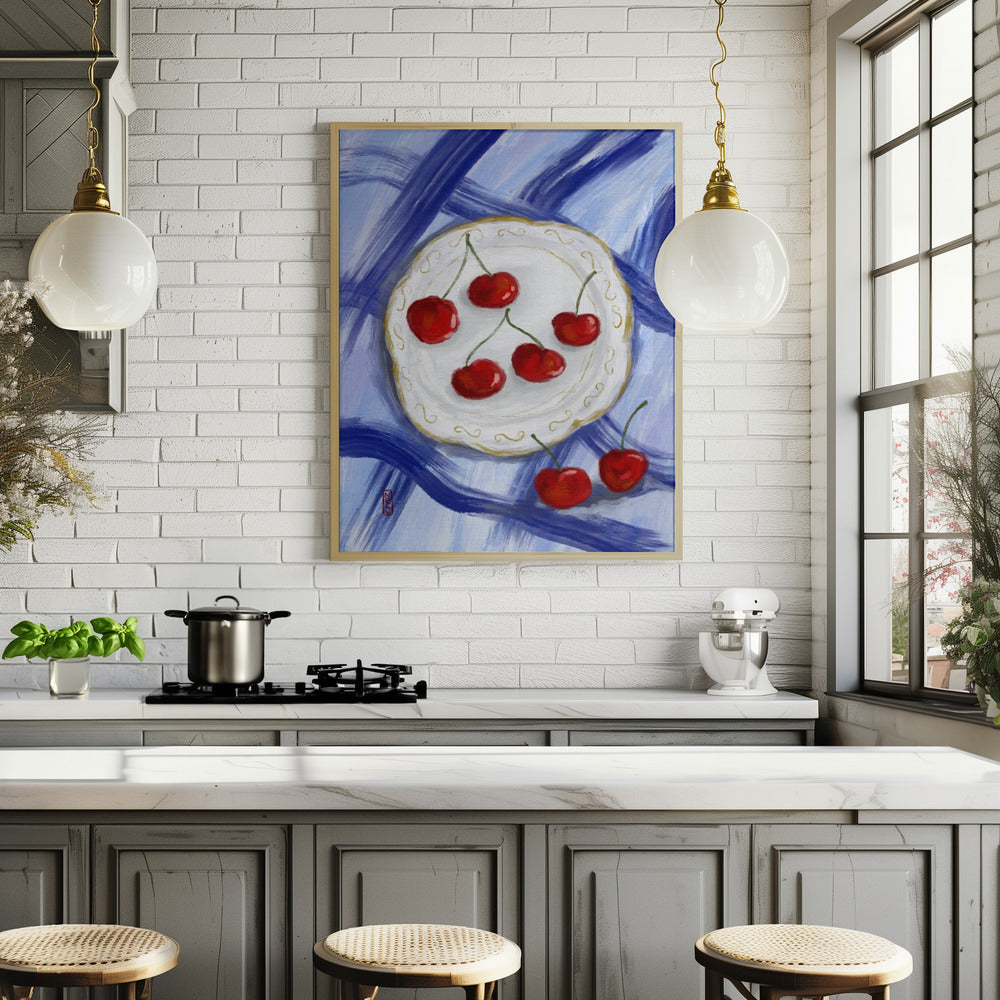 Red Cherries Blue Table