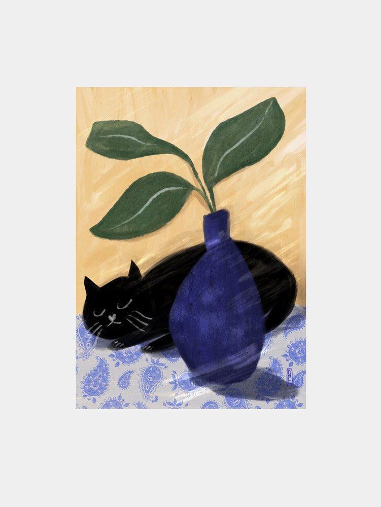 Sleeping Black Cat On Paisly Art Print