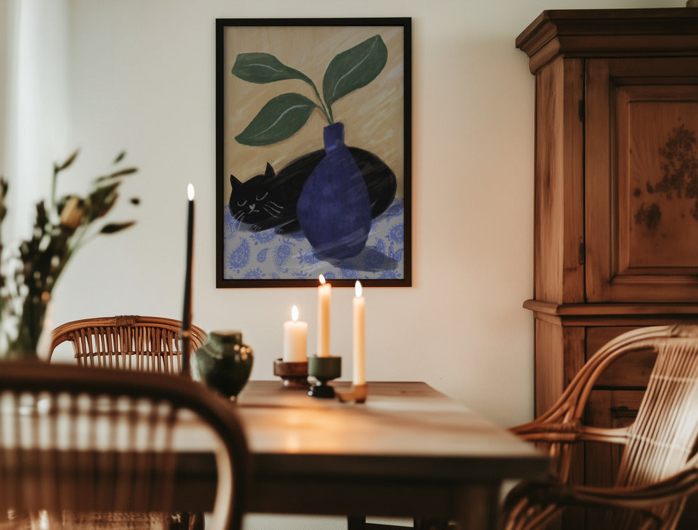 Sleeping Black Cat On Paisly Art Print