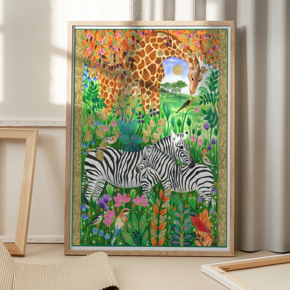 Giraffe and Zebras Amidst Vibrant Flora and Birds