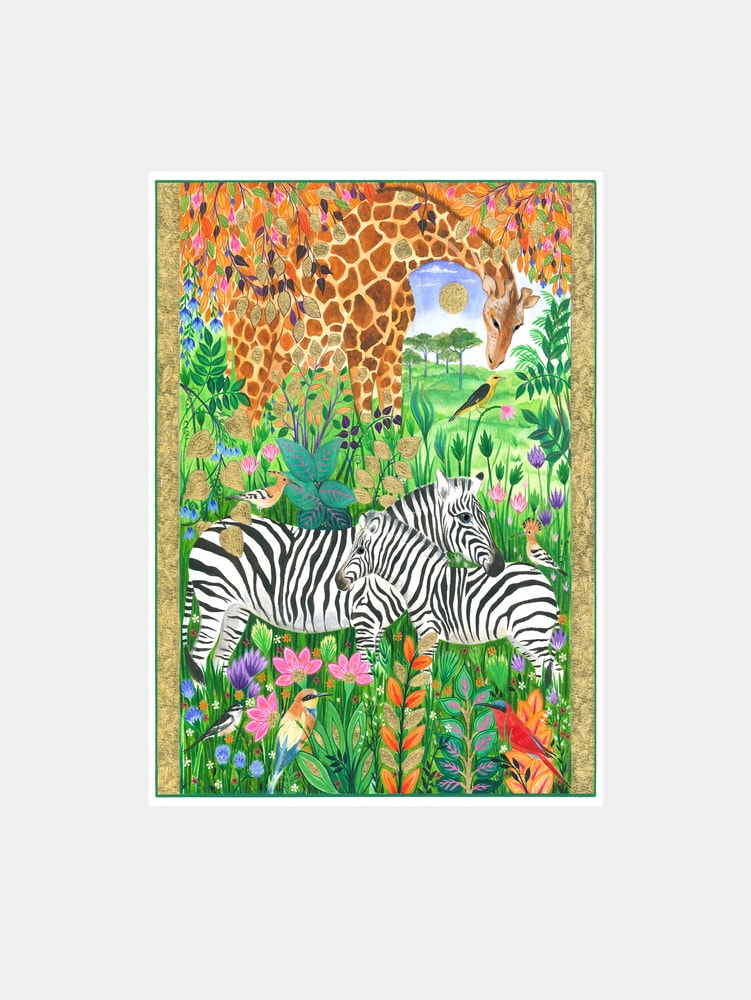 Giraffe and Zebras Amidst Vibrant Flora and Birds