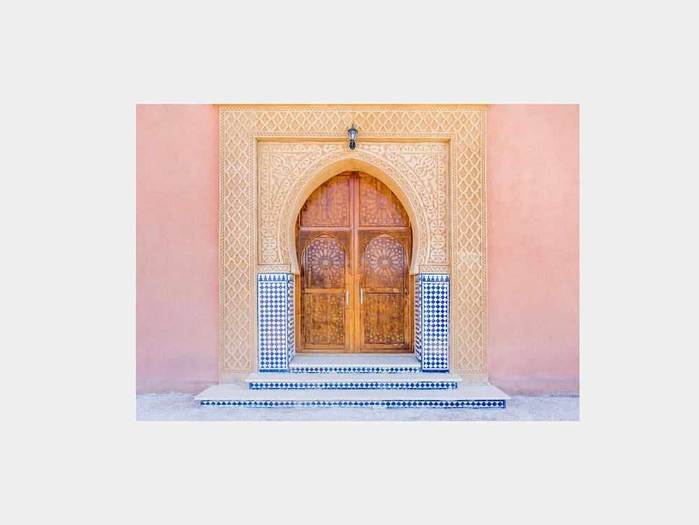 Brown door, blue tiles, pink wall in Morocco Art Print
