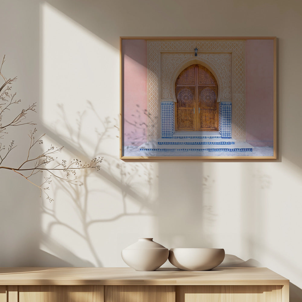 Brown door, blue tiles, pink wall in Morocco Art Print