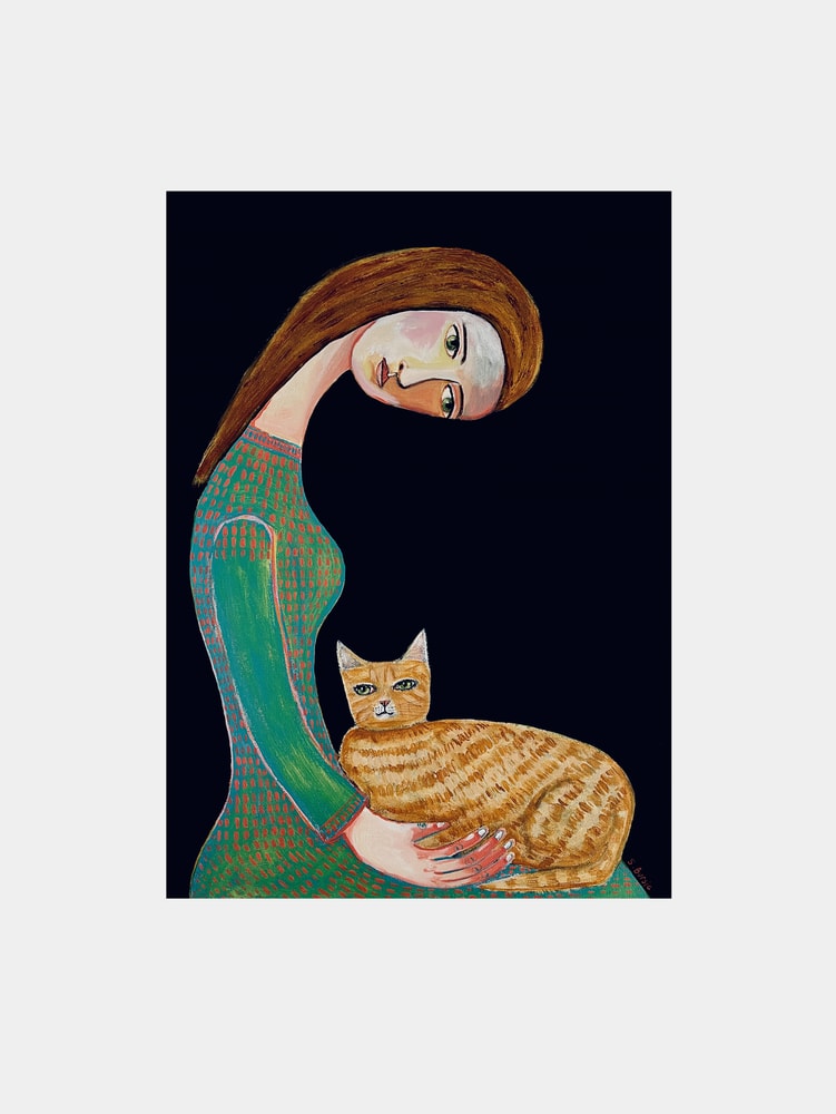 Serene Woman and Cat in Green Dress