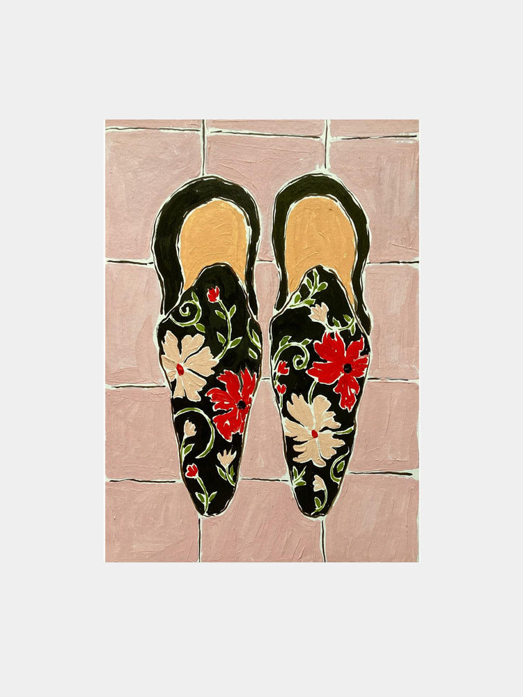 Black Shoes On Pink Tiles Art Print