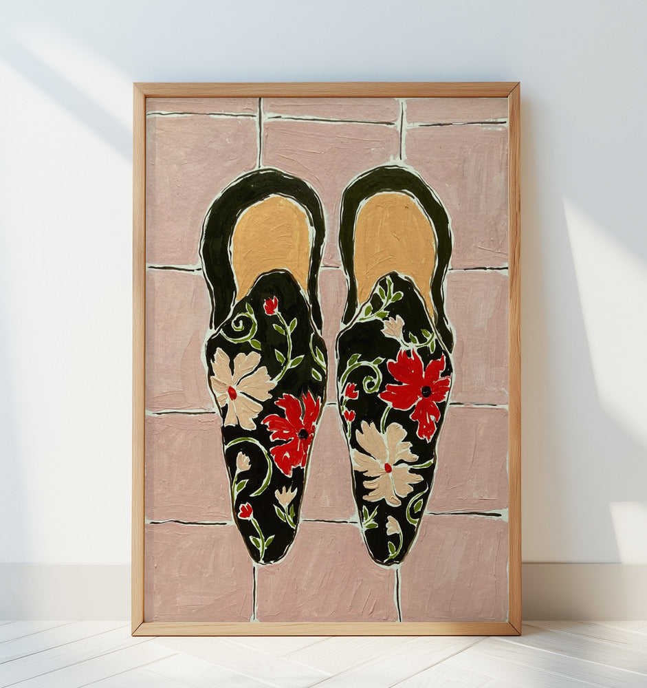 Black Shoes On Pink Tiles Art Print