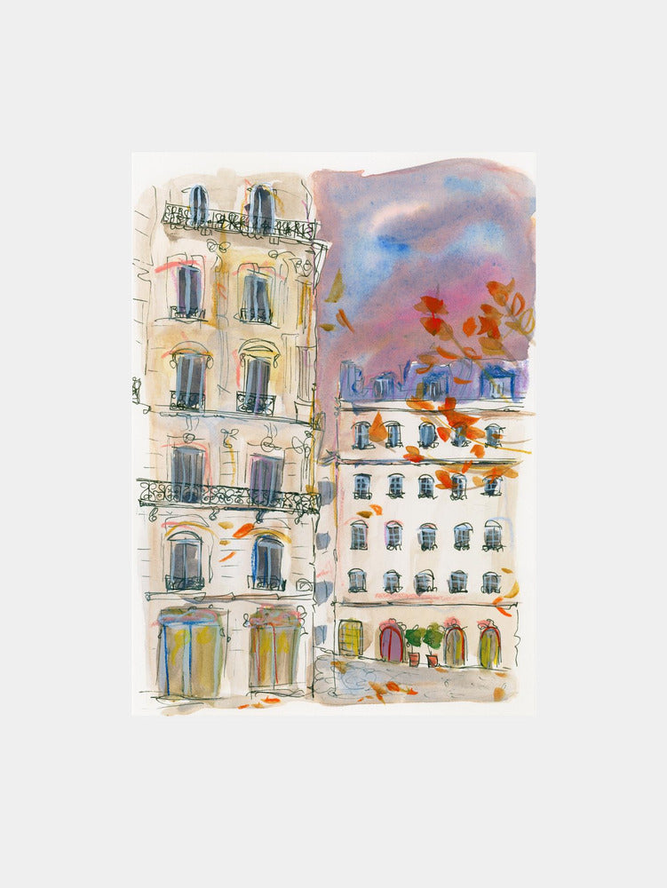 Paris street corner with purple sky Art Print