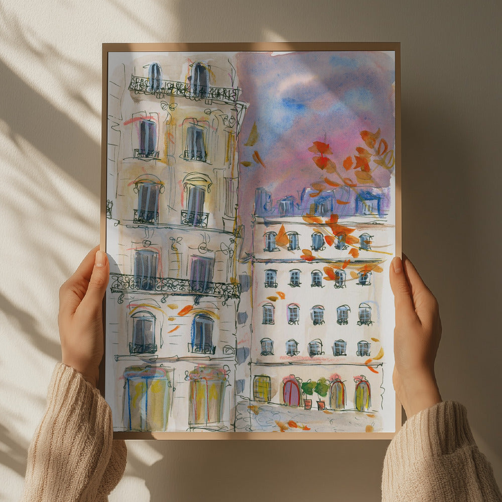 Paris street corner with purple sky Art Print
